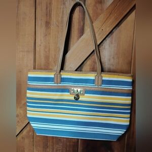 Tommy Hilfiger Blue and Yellow Canvas Tote w Faux Leather Handles